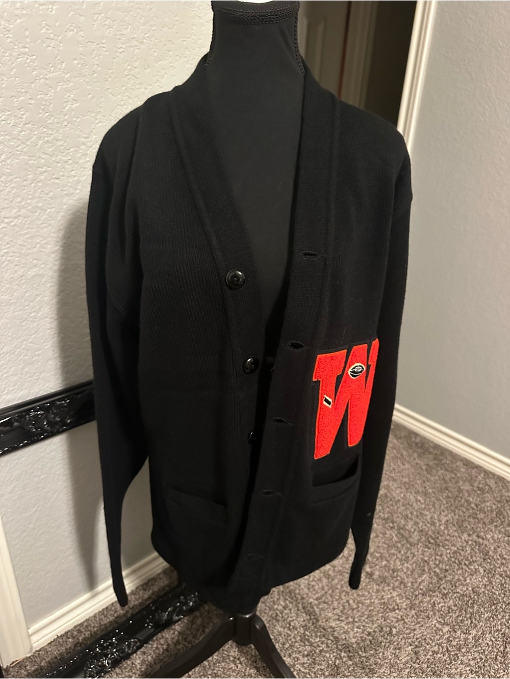 Vintage Men's Black Button-Front Cardigan with Red 'W' Accent